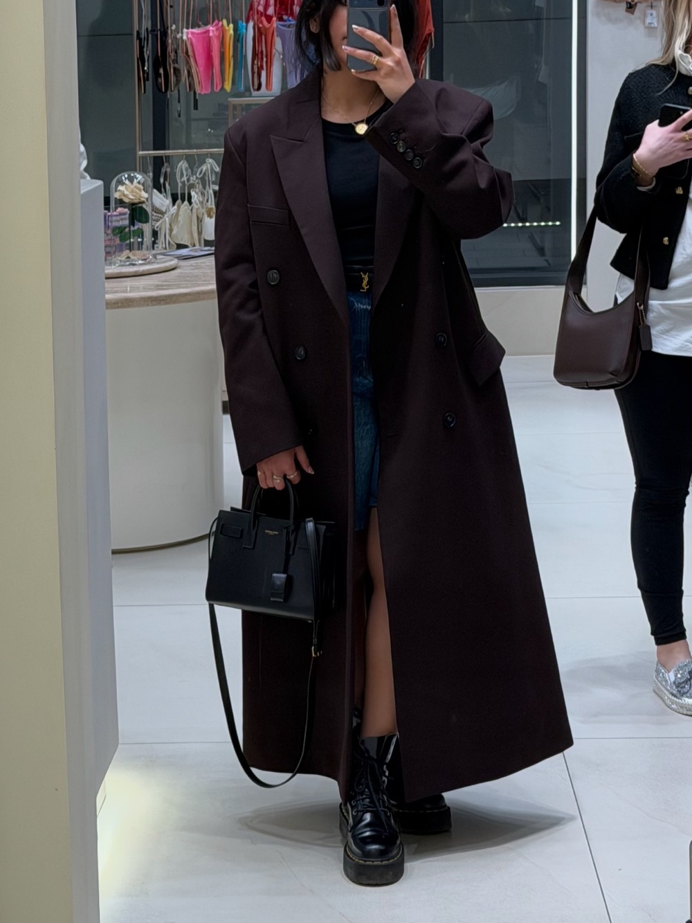 The Frankie Shop Long Double-Breasted Wool Coat in Dark Brown